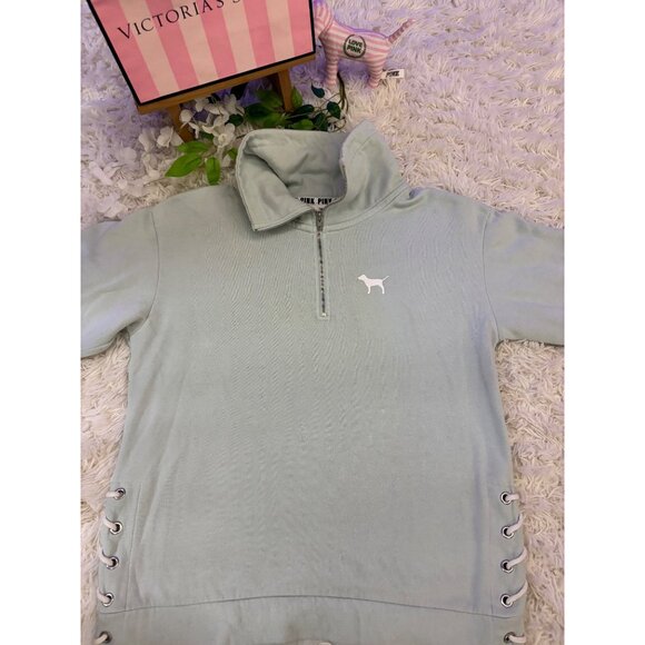 Victorias Secret Pink Quarter-Zip Pullover Sweatshirt Size S Teal - Picture 12 of 16